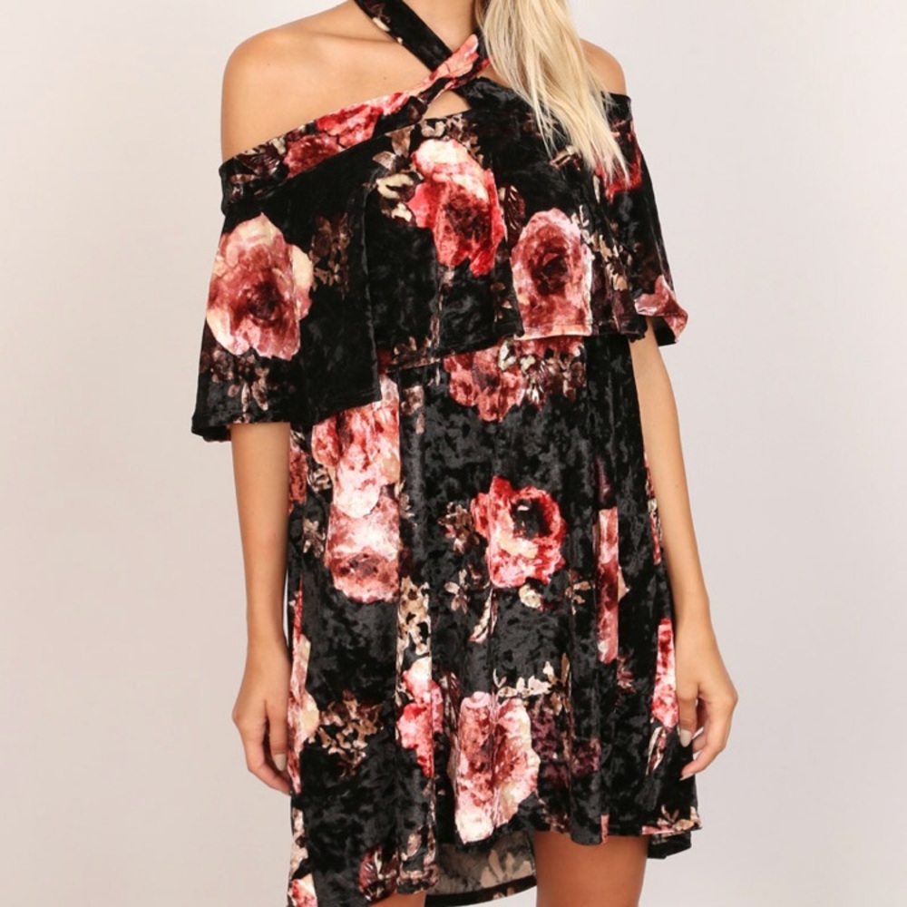 Black Floral Velvet Off The Shoulder Dress - Picture 2 of 6